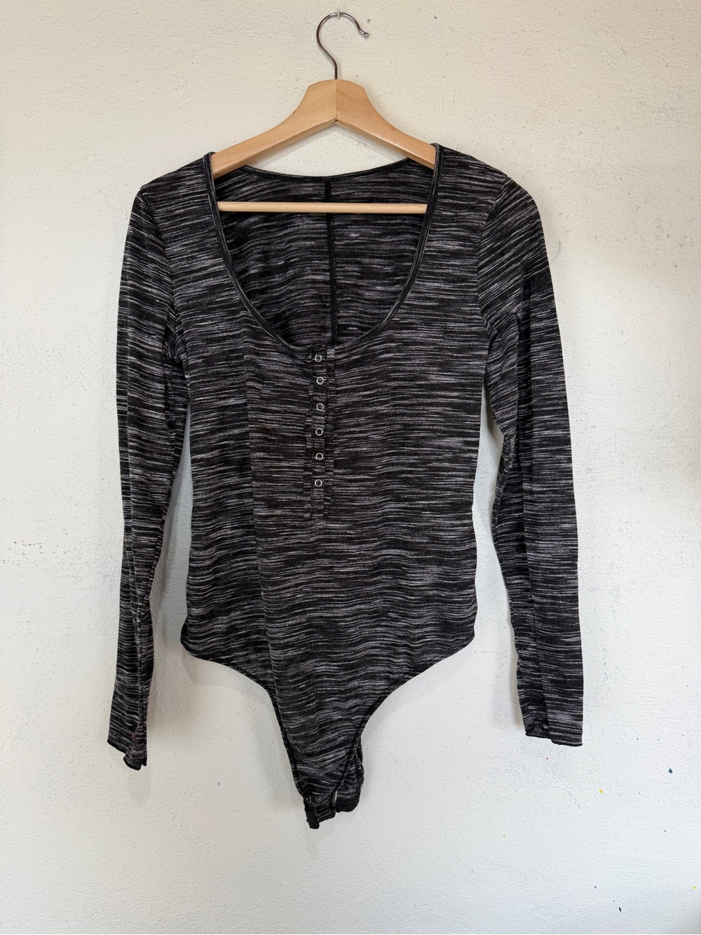 Long Sleeve Heathered Black Bodysuit with Henley Buttons